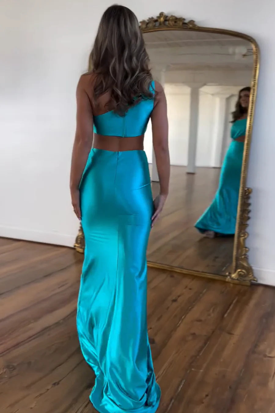 Mermaid Charming One Shoulder Teal Satin formal dresses evening gown Prom Dresses